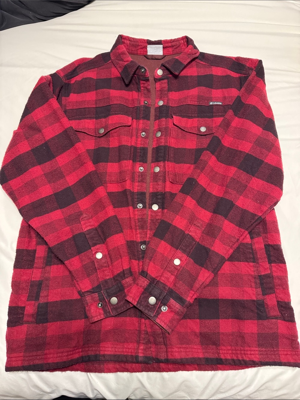 Columbia Red and Black Plaid Snap-Front Shirt Jacket